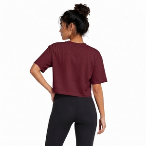 Women's Burgundy <b>Crop</b> <b>Top</b> Short Sleeve Crew Neck Loose Fit Jersey Solid Color Casual T-Shirt Spring Summer 100% Cotton - Product Image 2