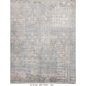 Tapis artisanal sur mesure en laine nouée à la main et soie pure, motif grille, pour salons modernes - Product Image 6