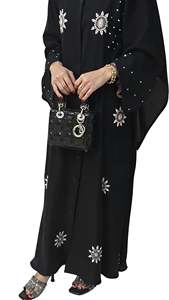 Black Embroidered Seamless Palm Tree Turkish Style Lightweight Breathable Abaya Women Ankle Length Long Sleeve Modest <b>Dress</b> - Product Image 4