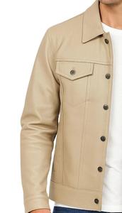 Chaqueta de Cuero Sintético Beige, Cuello Camisero, Cierre de Botones, Corte Regular - Product Image 3