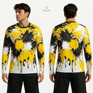เสื้อยืดแขนยาวสีเหลืองดำลายกราฟิกสีหยดเป็นคราบ ผลิตจากโพลีเอสเตอร์ แห้งเร็ว ระบายอากาศได้ดี เหมาะสำหรับออกกำลังกายและเล่นกีฬา - Product Image 1