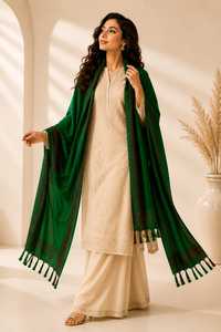 Green <b>Wool</b> Embroidered Shawl Scarf with Tassel Border Reversible & Lightweight Traditional Headscarf <b>Wrap</b> for Daily Wear - Product Image 3