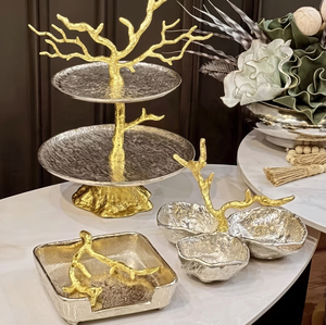 Premium Aluminum Tiered Metal <b>Tree</b> Stand Napkin Holder & Nut Bowl Set Textured Gold Branch Serving Set Home Hotel <b>Tabletop</b> Decor - Product Image 2