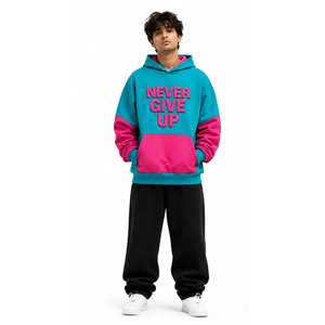 Sudadera con Capucha Unisex Oversize Never Give Up, Estampado Color Block, Felpa Francesa, Estilo Casual para Otoño, Rosa Verde Azulado - Product Image 1