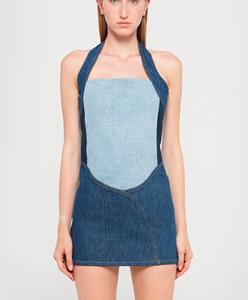 Robe chemise mini en jean à col licou, sans manches, délavée claire, avec poches, en tissu stonewashed, style décontracté hiver pour femme, couleur contrastante - Product Image 6