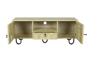 Solid Mango Wood Tv Cabinet Carved Media Console Storage <b>Unit</b> Two Door One Drawer <b>Shelf</b> Glass Panel Entertainment Furniture - Product Image 2