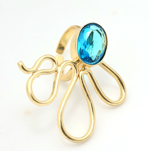 18K Gold Plated Brass Blue Topaz Quartz Gemstone Classic Statement <b>Ring</b> | Handmade <b>Adjustable</b> <b>Ring</b> - Product Image 1