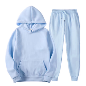 INTERKNIT INTERNATIONAL Light Blue <b>Velour</b> Hooded Winter <b>Tracksuit</b> Set Full Length Sweatpants Zipper Casual Solid Color Unisex - Product Image 1