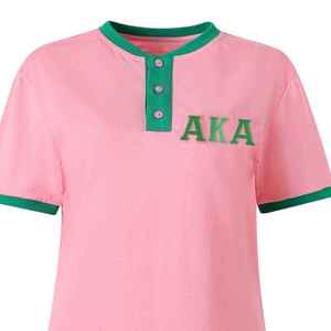 เสื้อยืดผู้หญิงสีชมพูเขียวเฮนลีย์แขนสั้นตัดเย็บแบบคอนทราสต์ติดกระดุมด้านหน้าเสื้อยืดลำลองสวมใส่ได้ทุกวัน - Product Image 1