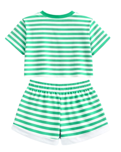 Conjunto de Top Corto y Pantalones Cortos a Rayas Verdes y Blancas para Mujer, Estilo Casual de Verano, Dos Piezas, Cintura Elástica, Ropa de Salón, Ropa Urbana, OEM - Product Image 4