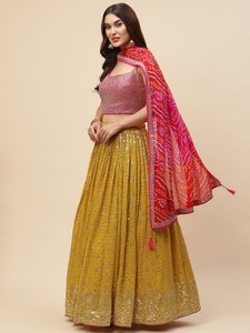 <b>Sequin</b> Embroidered Lehenga Set Pink <b>Crop</b> <b>Top</b> Pleated Maxi Skirt Wedding Festival Dress - Product Image 5