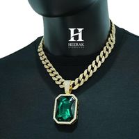 Collar con Colgante de Esmeralda Verde Corte Esmeralda de Lujo, Oro de 14K, Diamante Cultivado en Laboratorio VVS con Halo, Cadena Cubana Gruesa para Mujer