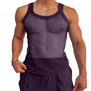 Men's <b>Black</b> Mesh Tank Top Round Neck Sleeveless Fitted Breathable Polyester Vest Summer Solid Color Adult Style - Product Image 2