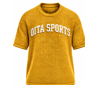 T-shirt tricoté pour homme Golden Mustard, manches courtes, col rond, texture décontractée, haut imprimé personnalisé, streetwear, mode estivale, vente en gros - Product Image 1