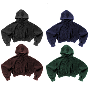 Sweat-shirt à capuche court en molleton délavé à l'acide, manches classiques, tricoté, pour femme, décontracté, hiver, coupe ajustée, respirant, polyester - Product Image 6