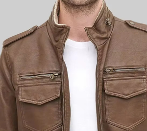 Brown Genuine <b>Leather</b> Men's Zip-Up Bomber <b>Jacket</b> Solid <b>Winter</b> Stand Collar Front Logo Casual Outerwear for Daily Wear - Product Image 6