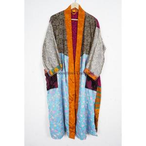 Kimono traditionnel japonais en soie satinée 100% avec col en V long, fermeture à cordon, patchwork vintage à la mode pour femmes, été - Product Image 6