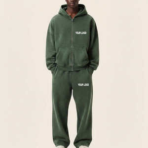 Ensemble de survêtement personnalisé en molleton épais, coupe oversize, avec sweat à capuche zippé intégral et pantalon de survêtement coupe classique, éco-responsable, délavé à l'acide et effet vintage - Product Image 1