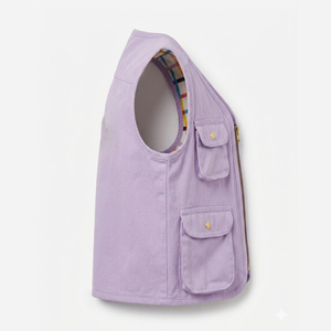 Gilet utilitaire en toile lilas pour femme avec fermeture éclair et plusieurs poches, col en V, vêtement d'extérieur - Product Image 3