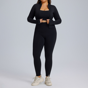 Pink Plus Size 2 Piece Yoga Set High Waist Full Length Leggings Long Sleeve Zipper Crop <b>Top</b> Seamless Sportswear - Product Image 3