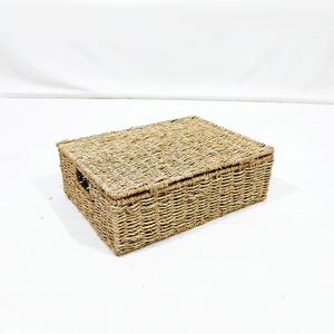 Handwoven Seagrass <b>Storage</b> <b>Basket</b> with Lid <b>Rectangular</b> Natural Woven Organizer for Bathroom Bedroom Kitchen Home Office - Product Image 2