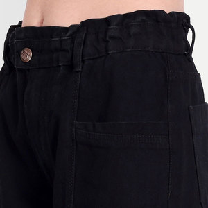 High Waist Black Canvas Harem Pants Women's Casual Loose Fit <b>Ankle</b>-Length With Frayed Edges Button Fly Solid Color Woven Cotton - Product Image 6