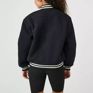 <b>Women's</b> Varsity <b>Jacket</b> <b>Black</b> Full Sleeve Turn-down Collar Autumn Style Solid Color Button Closure Short Length - Product Image 3