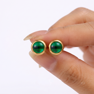 Green Emerald Post Stud <b>Earrings</b> Handmade Gold Plated Dainty <b>Earrings</b> Cabochon Solitaire Gemstone Jewelry Gift For Women R - Product Image 1