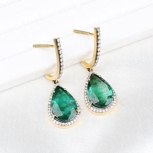 Wholesale 14k Yellow Gold Natural Pear Emerald Pave <b>Diamond</b> Halo Screw Back Drop <b>Earrings</b> Memoria Jewels - Product Image 1