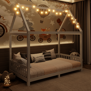 Letto a capanna a LED bianco per bambini, singolo, in legno con sponda di protezione - Product Image 2
