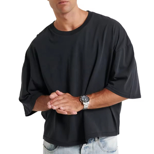 Men Oversized Black Cotton T-Shirt <b>Short</b> <b>Sleeve</b> O-Neck Casual Jersey Plain Dyed Solid Color Fit - Product Image 4