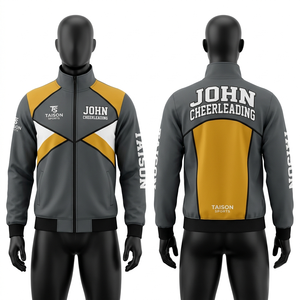 Veste d'entraînement pour hommes pour cheerleading, tissu polyester spandex premium GSM, design à panneaux gris-blanc, logo personnalisé par sublimation et broderie. - Product Image 1