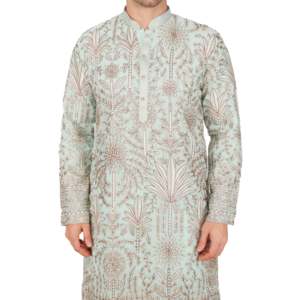 Mint Green Designer Kurta Set for <b>Men</b> Embroidered Georgette Floral Botanical <b>Groom</b> Wear - Product Image 2