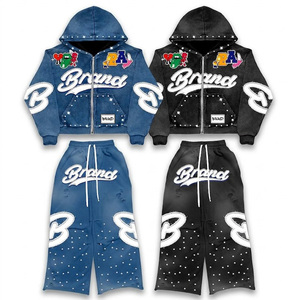 Ensembles de survêtements pour hommes très demandés, comprenant des sweats à capuche zippés épais, vintage, avec patchs et effet pierre, et des pantalons de survêtement à jambe droite, style bling et effet vieilli - Product Image 1
