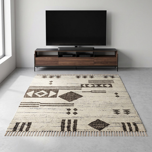 Handwoven <b>Jute</b> Geometric <b>Rug</b> Cream Black Gray Flatweave Modern Kilim Carpet with Tribal Pattern Fringed Edges for Living Room - Product Image 2
