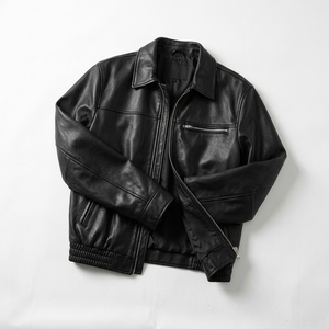 Proveedor Mayorista Profesional de Chaquetas de Cuero Genuino Negro para Hombre, Estilo Motero con Cuello Camisero y Cierre de Cremallera, para Otoño - Product Image 3