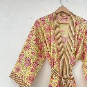 Bata tipo kimono con estampado floral para mujer, corte holgado, manga tres cuartos, cuello oblicuo, cierre con cordón, ropa de primavera - Product Image 4