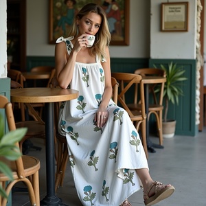 Maxi en coton blanc élégant avec contours de fleurs aqua doux et bretelles à nouer Robe Maxi à bretelles avec doublure Blue Marigold - Product Image 2