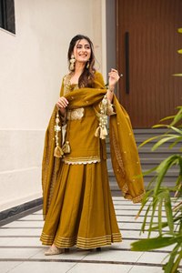 Conjunto de Kurta Tradicional Indio-Pakistaní para Mujer, Color Mostaza, con Dupatta Bordada, Largo hasta el Suelo, de Rayón, Corte Holgado, para Bodas - Product Image 4