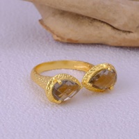 Bague ajustable ouverte en quartz fumé texturé, double pierre en forme de poire, créée en laboratoire, finition plaquée or, faite à la main, bague statement