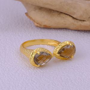 Smoky Quartz Texture Double Stone Open <b>Adjustable</b> <b>Ring</b> Handmade Gold Plated Finish Statement <b>Ring</b> Wholesale Jewelry Manufacturer - Product Image 4