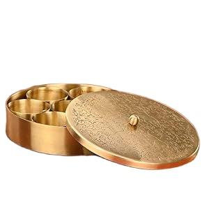 Boîte à épices classique en laiton avec couvercle gravé artistiquement et compartiments intérieurs, boîte de rangement de qualité supérieure, boîte de rangement de cuisine - Product Image 2