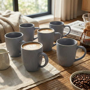 Set of 6 Glazed Ceramic Coffee Mugs Nordic Design Ins Style 400ml & 600ml Capacity Customizable <b>Slate</b> Blue Color - Product Image 4