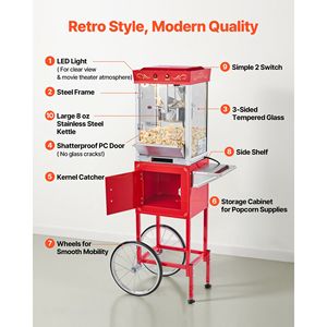 Macchina per Popcorn Commerciale in Acciaio Inox da 8oz, Stile Cinema, 48 Tazze per Batch, Carrello per Popcorn 800W - Product Image 5