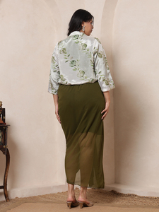 DEEBACO Conjunto coordinado de top corto de georgette bordado y floral hasta el tobillo con falda dhoti y chal para mujer a la moda - Product Image 5