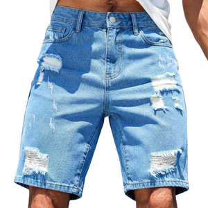 Pantalones Cortos de Mezclilla Rectos para Hombre, Lavado Claro, Desgastados, Transpirables, Ajuste Regular, Algodón, Casuales, Verano, Rotos, Cómodos, Uso Diario - Product Image 1