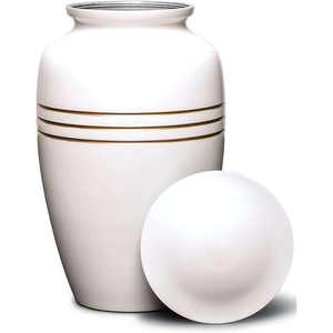 Elegante Urna Funeraria Blanca con Bandas Decorativas Doradas y Tapa Lisa para Cenizas de Adultos - Product Image 1