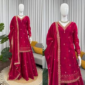 Sharara Sahara de terciopelo de viscosa pesado, artesanal, moderno, étnico, con lentejuelas, de georgette sintética fluida, sin arrugas en los cuatro lados, para boda - Product Image 3