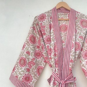 Bata tipo kimono con estampado floral para mujer, corte holgado, manga tres cuartos, cuello oblicuo, cierre con cordón, ropa de primavera - Product Image 2