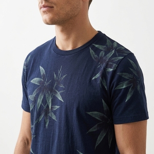 <b>Men's</b> <b>Navy</b> <b>Blue</b> <b>T</b> <b>Shirt</b> with Botanical Leaf Print Green Tropical Foliage Graphic Crew Neck With Short Sleeve - Product Image 3